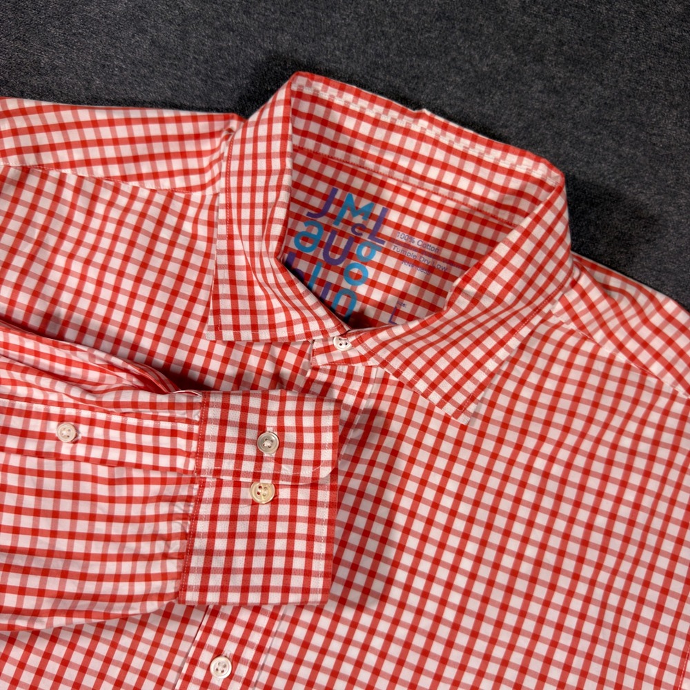 J.McLaughlin Button Down Shirt Mens L Red White Gingham Check Cotton Preppy